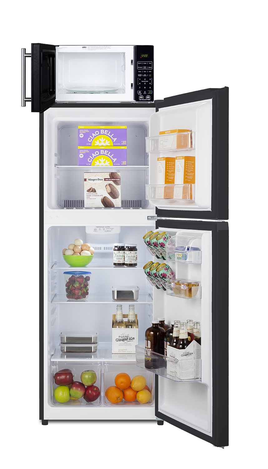 Frost-free 10.1 cu.ft. refrigerator-freezer and compact microwave in black with allocator and USB ports for 1-plug operation; ships in three boxes on one pallet